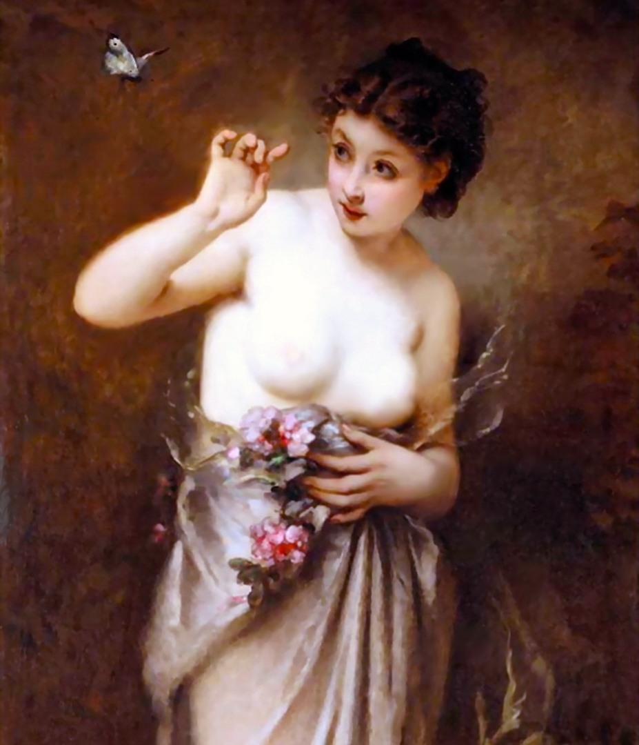 A nude girl with pretty eyes and large bosoms. She also has some lovely flowers in her hand.